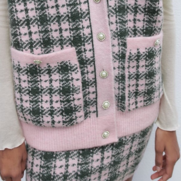 ZARA || 2-Piece/ Knit Vest + Skirt Set in Pink Plaid w/ Pearl Button Detail - Picture 4 of 7